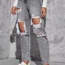 Women's High Waist Straight Leg Ripped Jeans Distressed Denim Pants (Black, XL)