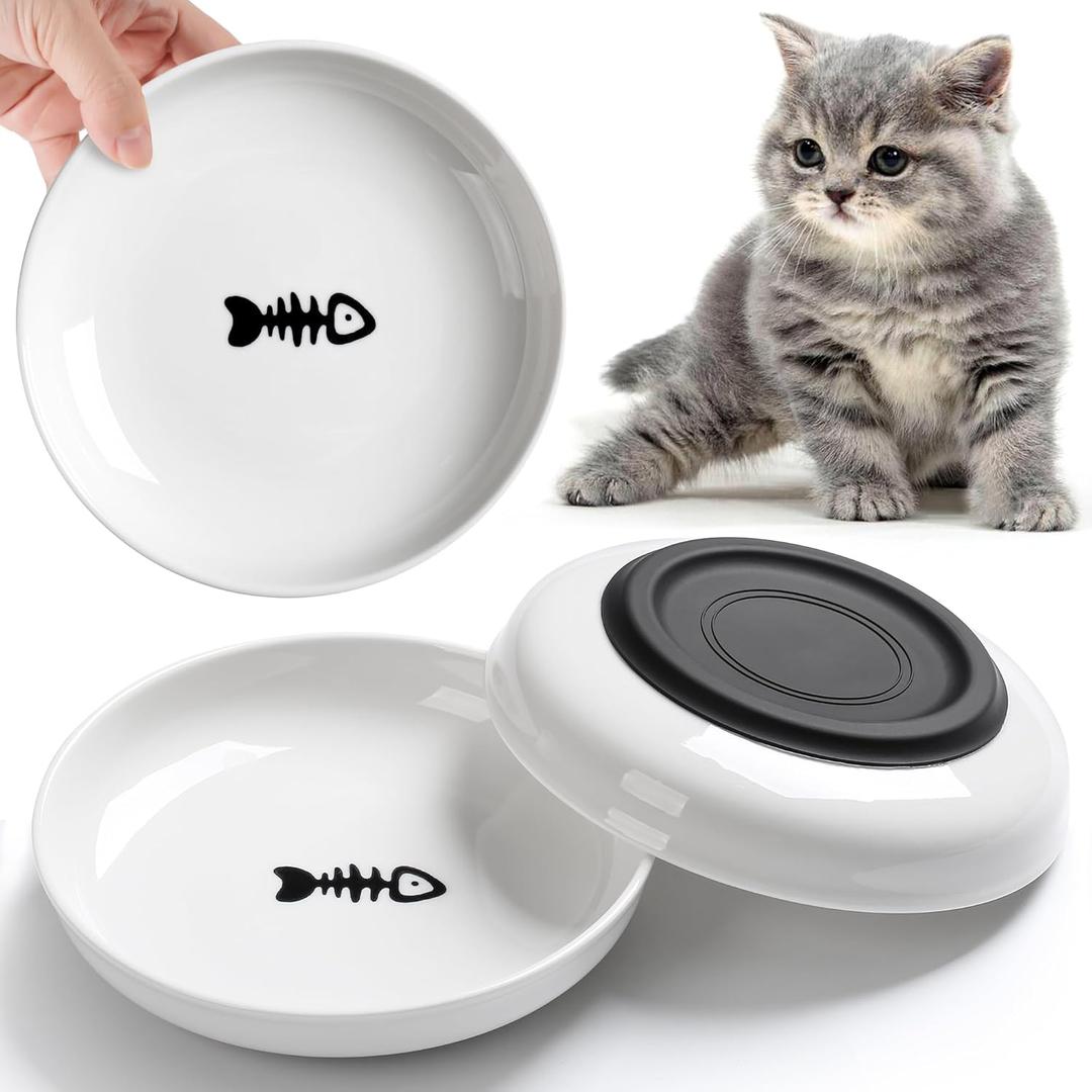 WROSWT No Spill Cat Bowls,Cat Food Bowl,Anti Whisker Fatigue Healthy Ceramic Cats Dishes Set for Indoor Cats,Shallow Wide Kitten Plates for Food and Water,Non-Slip Silicone Bottom,3 Pack