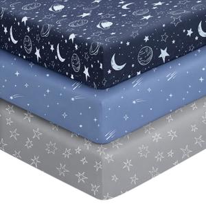 Baby Crib Sheets for Boys Girls, 28x52x8in Fitted Crib Sheet Neutral 3 Pack for Standard Crib and Toddler Mattress, Breathable Soft Microfiber Baby Sheet Blue Gray Planet
