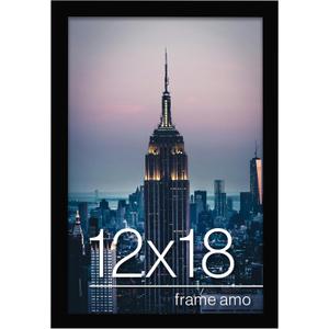 Frame Amo 12x18 Black Modern Picture or Poster Frame, 1 inch Wide Border, Smooth Wrap Finish, Acrylic Face
