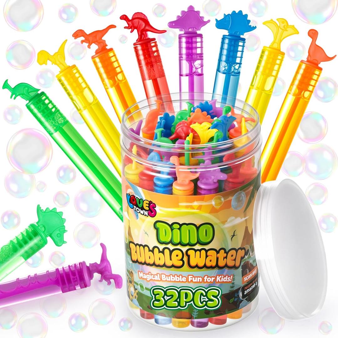 LovesTown 32Pack Dinosaur Bubbles for Dino Birthday Supplies, 8Styles Dinosaur Mini Bubbles Wands for Kids Summer Party Favors, Carnival Pinata Stuffer Goodie Bag Stuffers, Classroom Prizes Treasure