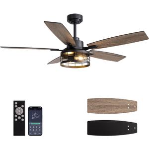 52 Inch Ceiling Fans with Lights and Remote & APP Control, Farmhouse Ceiling Fan Lights for Bedroom Living Room and Patio, Black Caged Ceiling Fan for Indoor and Outdoor (No Bulbs)