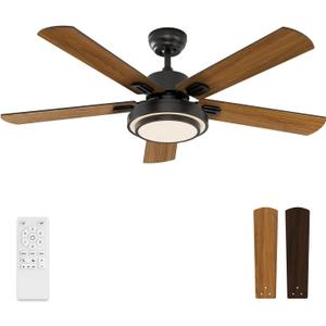 warmiplanet Indoor Ceiling Fans with Lights and Remote Control, 52 Inch, 6 Speeds Reversible DC Motor, 3 Color Dimmable Light, Timer, Noiseless, Black/Dark Walnut, 5-Blades