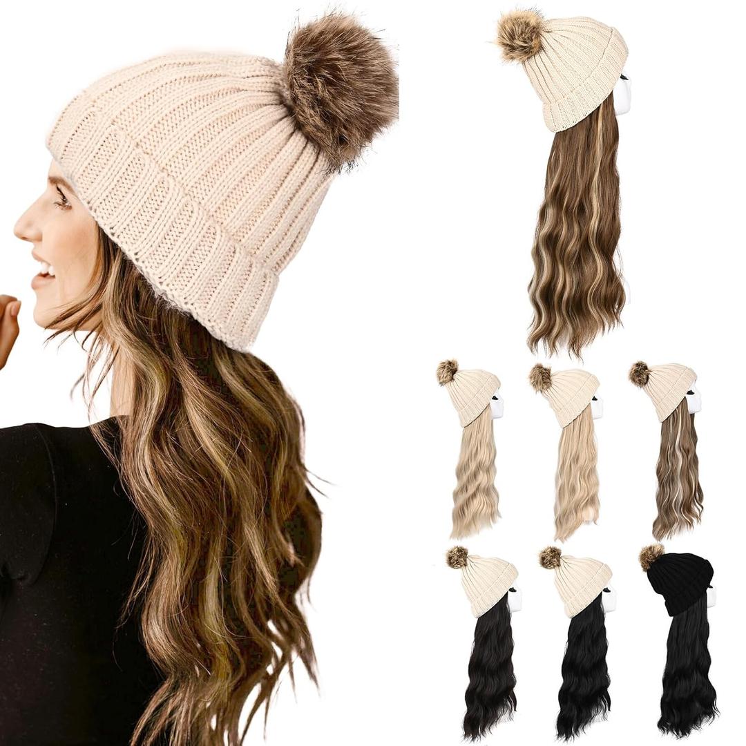 HOOJIH Hat Wig, Hat with Hair Attached Long Wavy Curly White Knitted Beanie Hat Wig with Faux Fur Pom Hat Attached Synthetic Hairpiece for Women - Light Brown with Medium Golden Blonde Highlights (One Size)