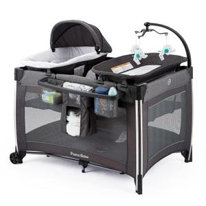 Pamo Babe 4 in 1 Portable Baby Crib Deluxe Nursery Center, Foldable Travel Playard with Bassinet, Mattress, Changing Table for Newborn, Infant, Toddler(Grey)