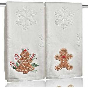 2 Pack Christmas Gingerbread Hand Towels 100% Cotton Jacquard Snowflake Embroidered Candy holiday Kitchen dish Towels Retro Neutral Beige Bathroom Towels Set gift Seasonal Xmas Winter Bathroom Decor