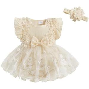 Douhoow Baby Girl Romper Dress Baby Dress Romper Flowers Lace Infant Girl Spring Summer Clothes with Headband, 9-12Months