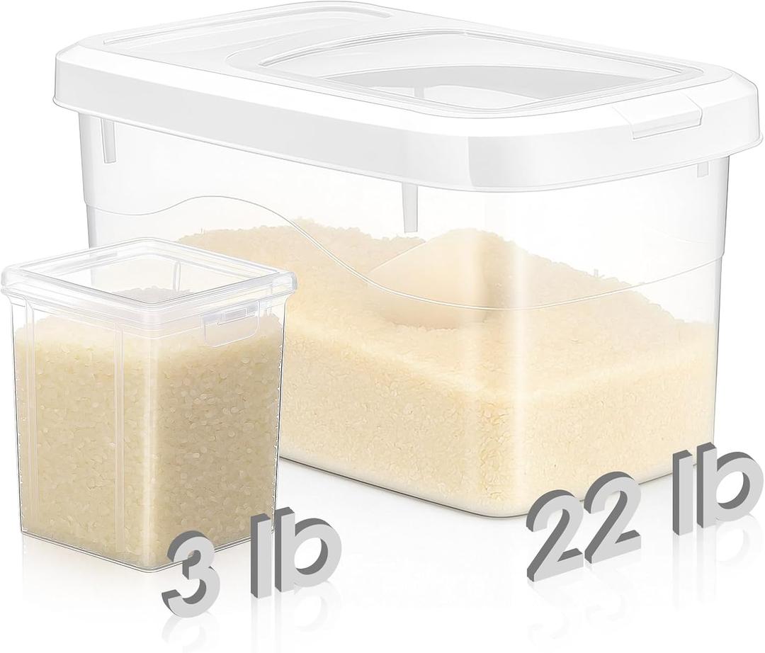 LemonRoad 18-22lb Rice Storage Container and 3lb Storage Bin Set, Flour Dispenser with Airtight Lids, Pet Dog Cat Food Container, Silicon Ring & Moisture Proof, Kitchen Organizer for Cereal Grain