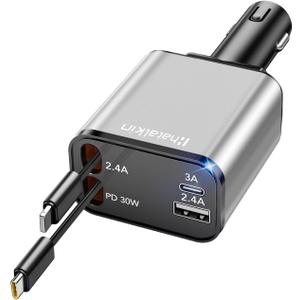 Retractable Car Charger 4 in 1, Compatible with iPhone 16 Car Charger Fast Charging, Type C Retractable Fast Car Charger, 69W USB C Car Charger Adapter for iPhone 16/15/14/13/12/Galaxy/Pixel (Sliver)
