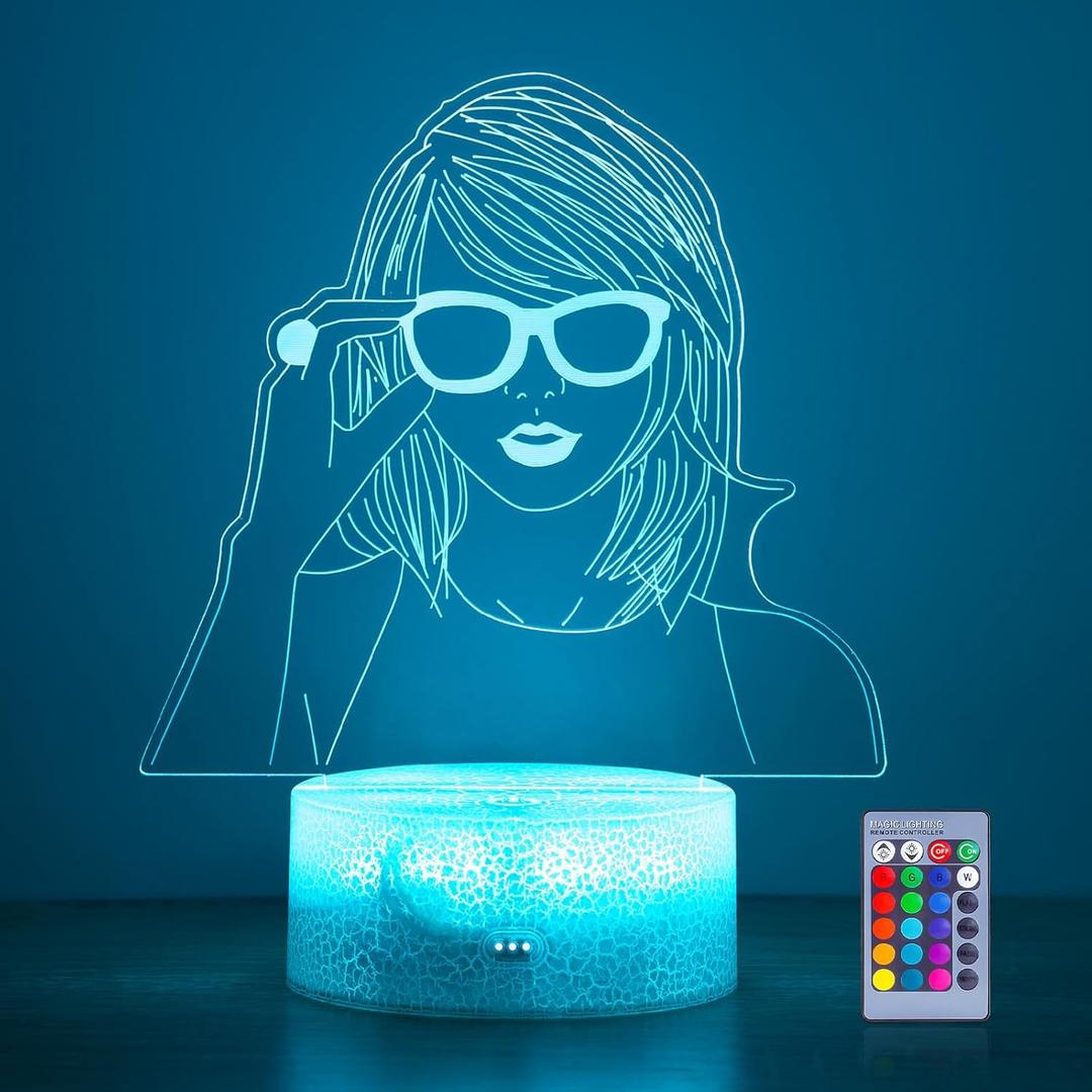 2 x 3D Night Light Gifts: Singer Stuff, Teen Girls Women Fans Room Party Decor, Table Lamp with Remote Control 16 Color Changing (Blue)