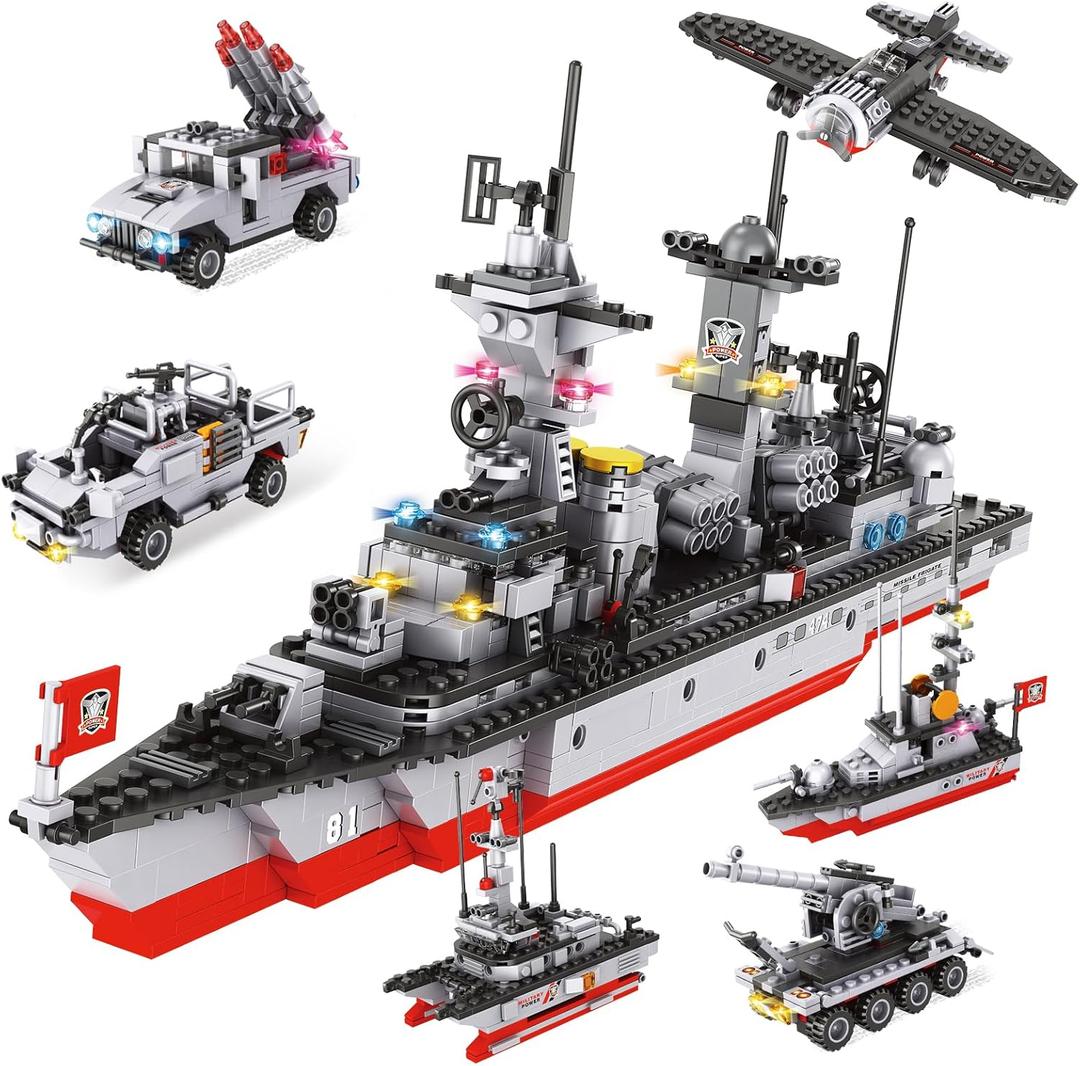 1296 Pieces City Police Set Aircraft Carrier Blocks Set, 6 in 1 Military Warship Battleship Building kit with Airplane, Boat, Cop Car, Tank, Creative Roleplay Ship Gift Toys for Kids Boys 6-12 Years
