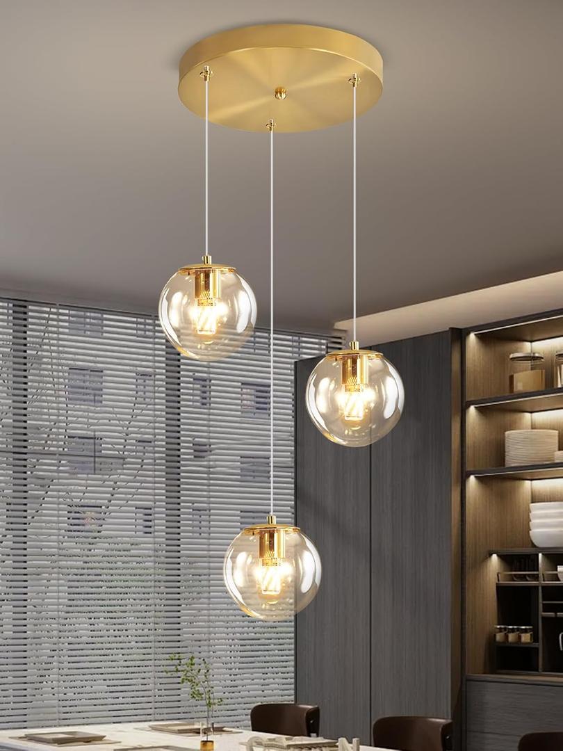 ykolupty 3-Light Modern Gold Pendant Light Hanging Fixture Light for Kitchen Island Mid Century Globe Pendant Light Glass Chandelier for Living Room Bedroom Entryway