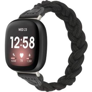 Wearlizer Elastic Band Compatible with Fitbit Versa 4 Bands for Woman/Versa 3/Sense 2/Sense Bands Women, Slim Solo Loop Braided Strap Stretchy Woven Wristband Accessory, Black, Small