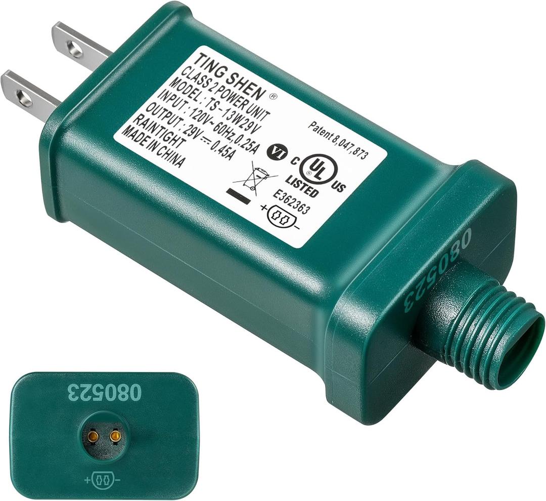 Enhon 29V LED Power Supply, UL Certification LED Transformer Replacement Class 2 Power Supply, Low Voltage Transformer US Plug Adapter for Christmas Tree Light, Green, Left Positive(TS-13W29V)