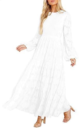 MITILLY Women's Elegant Floral Long Sleeve Round Neck Smocked A-Line Flowy Tiered Maxi Dress with Pockets M