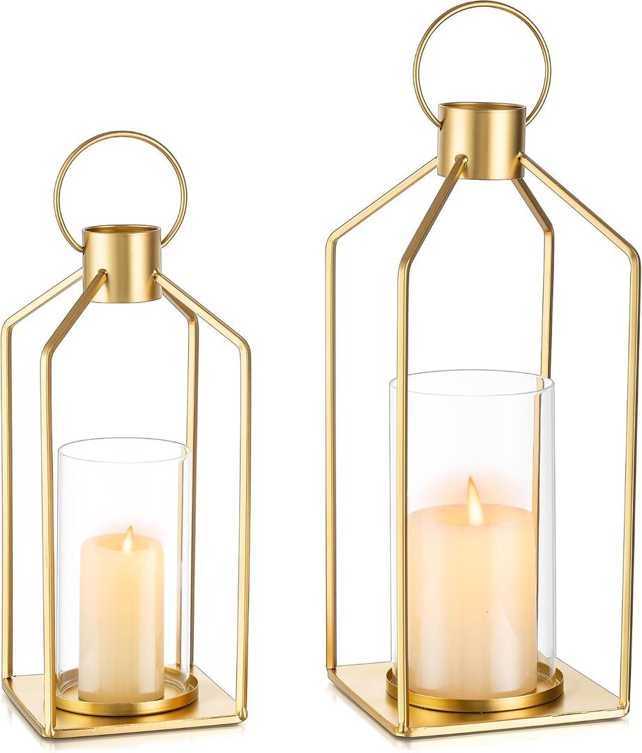 Gold Lanterns Decorative Indoor: Set of 2 Lanterns with Glass for Wedding Table Centerpieces Candle Holder for Fireplace Patio Porch Modern Home Decor