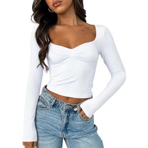 ForeFair Women's Sexy Long Sleeve Going Out Tops Pleated Bustier Shirt Cute Sweetheart Neck Y2K Cropped Top (White)