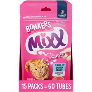 BONKERS Mixx, Wet Lickable Succulent Salmon Flavor Cat Treats, Real Meat, Training or Food Topper, for All Breeds and Ages, Value Pack (15 Pack, 60 Tubes), Best Buy 02/08/2027