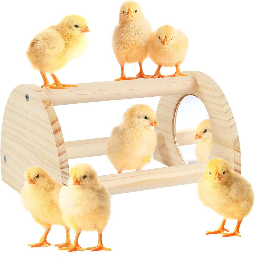 2 x Pine Chicken Perch with Mirror, Strong Chick Jungle Gym Roosting Bar, Chicken Toys for Coop and Brooder, Training Perch Toys for Large Bird, Parrot, Macaw, Hens (Small)