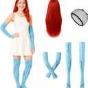 3PCS Halloween Costume Accessories for Women Scar Arm Sleeves Thigh Highs with Red Wig for Nightmare Cosplay Christmas