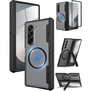 Miimall Magnetic for Galaxy Z Fold 7 Case with Magsafe Screen Protector, [Built-in Invisible Kickstand & Hinge Protection] Translucent Matte Shockproof Grip Magnet Phone Case for Fold 7 Cover, Black