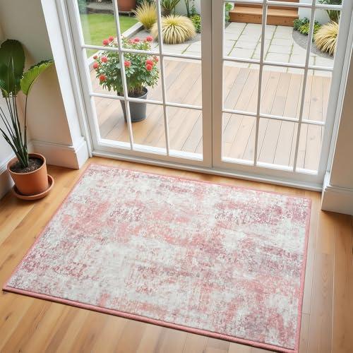 Flagover Pink Washable Small Area Rug, 2x3 Abstract Non-Slip Door Mat, Modern Low Pile Indoor Entryway Rugs, Stain Resistant Throw Carpet for Front Door, Kitchen, Entry, Inside Entrance