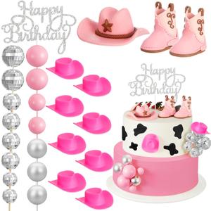 RoundFunny 26 Pcs Cowgirl Cake Decorations Cowgirl Cake Topper Disco Decorations Hat Topper Western Cowboy Birthday Baby Shower for Western Theme Party Supplies(Pink,Cute)