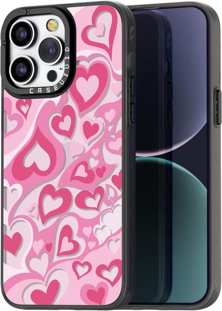 Compatible for iPhone 15 Pro Max Case Cute Aesthetic - Durable Fashion Funny Phone Case - Girly Love Heart Pattern Print Cover Design for Woman Girl 6.7 inches Black