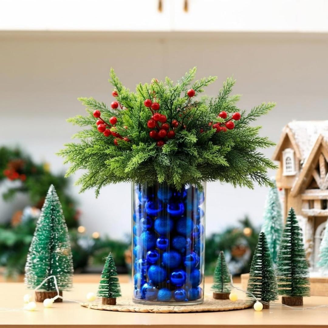 Giegxin 85 Pcs Bule Christmas Centerpiece for Table DIY Farmhouse Xmas Decor for Dinning Table 5 Artificial Pine Branches 70 Vase Filler Balls 8 Red Berries 1 Glass Vase for Kitchen Tabletop Decor (Blue)