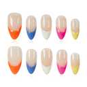 4 x Handmade Rainbow French Tip Press on Nails Medium Almond - Colorful Edge Design, Sheer Nude Glossy Reusable False Nails for Summer (Colorful Nude French,M)