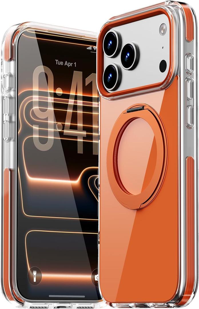 Magnetic for iPhone 17 Pro Case 360 Spin Stand Orange | Compatible with MagSafe, Military-Grade Protection,Non-Yellowing, Clear Scratch-Resistant Back Cover for 17 Pro 6.3