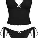 ZAFUL Tankini Swimsuits for Women Lace Jacquard Bowknot Decor Tummy Control High Cut Tanga Tankini Set, Large