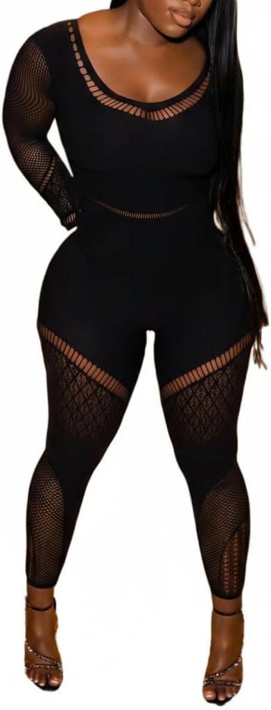 Women's Sexy Mesh One Piece Jumpsuit High Stretch Rave Long Sleeves Clubwear Bodysuit Party Night Outfits (Black)
