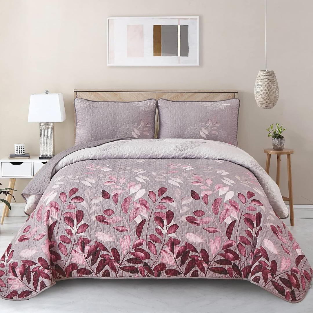 WONGS BEDDING Quilt Set Queen Size,3 Piece Pink Floral Leaves Bedspread Coverlet Set with 2 Pillowcases for All Season, Soft Mircofiber Floral Bedding Set 96"90"