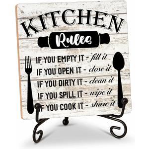 Rustic Wood Plaque with Stand - Kitchen Decor - Kitchen Rules Wood Sign - Idea Wooden Decor for Home Living Room Dining Room Shelf Table Decoration (31)