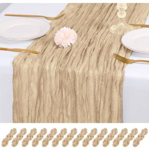14 Pack Beige Cheesecloth Table Runner 17x108 Inch Semi Sheer Boho Gauze Cheese Cloth Fabric Table Runners, for Wedding Party Baby Shower Birthday Home Decor Garden Farmhouse