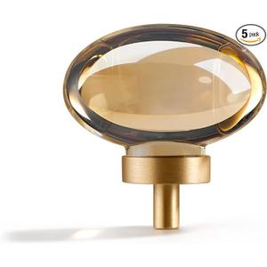 Champagne-Bronze Crystal-Brass Drawer Cabinet Knobs - 5 Pack Glass Brushed Gold pulls Hardware for Dresser Kitchen Bedroom Bathroom