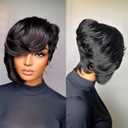 Short Pixie Cut Wig Human Hair Glueless Wigs for Black Women Side Part Natural Black Color Pixie Cut Straight Human Hair Wig with Bangs Short Layered Pixie Wigs Full Machine Made Wigs