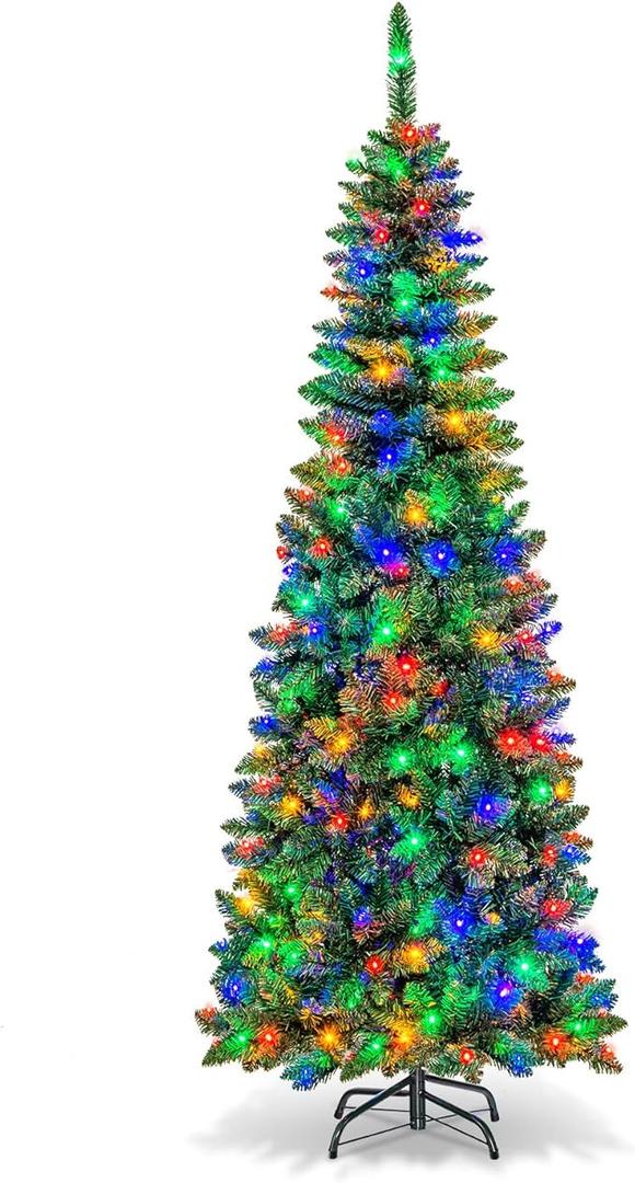 Goplus 6.5FT Prelit Pencil Christmas Tree, Premium Hinged Fir Tree, with 250 LED Lights and Solid Metal Stand, Easy Assemble, Ideal Xmas Decor for Home and Office