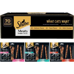 Sheba Meaty Tender Sticks Cat Treats Chicken, Tuna Flavor, or Salmon Flavor, 0.14 oz., 70 Count, BB Date: 04/08/27