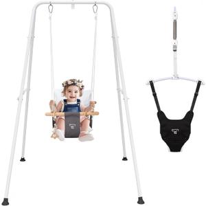 2 in 1 Baby Jumper with Toddler Swing, Baby Jumpers and Bouncers,Indoor Outdoor Toddler Swing Set, Cotton, White (Black)