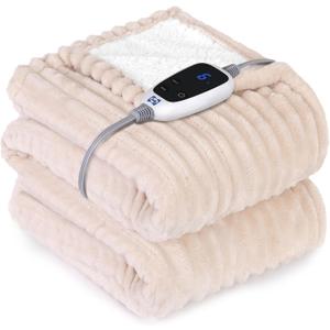 SEALY Electric Blanket Heated Throw, Soft Cozy Ribbed Flannel to Sherpa Reversible Safe Heating with 6 Heat Settings & 210 Hours AutoOff OverHeat Protection, Machine Washable, 50"x60" Beige