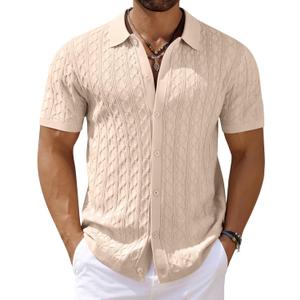 COOFANDY Men's Knit Short Sleeve Shirts Button Down Vintage Knitted Polo Shirt Casual Beach Crochet Cable Vacation Shirt (X-Large, Light Coffee)