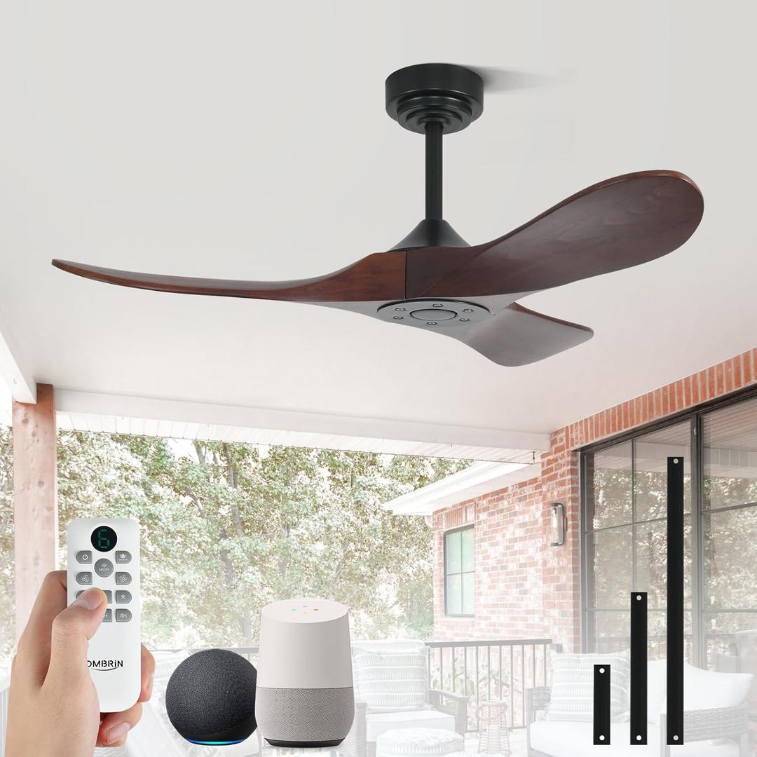 42 Inch Outdoor Ceiling Fans without Lights, Smart Wood Ceiling Fan no Light with Remote Control & Alexa/Google, Outdoor Fan for Patios Farmhouse 3 Blades High CFM Ceiling Fans Red Walnut