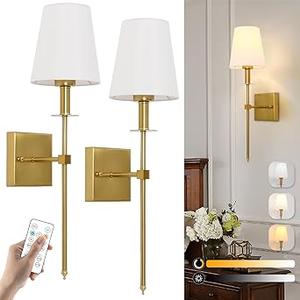 Wall light Battery Operated Wall Sconces set of 2, USB Rechargeable Wall lights with Remote Control, Dimmable Wireless Wall Lamp Indoor with White Fabric Shade, for Living Room, Bedroom, Hallway, Gold