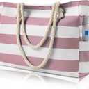 Beach Bags For Women - Large Beach Bags with Zipper Waterproof Sandproof Swim Pool Beach Bag (Light Pink Stripes)