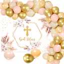 LaVenty Boho God Bless Backdrop Baptism Baby Shower Party Decorations Boho Floral First Holy Communion Christening Baptism Decorations (Golden 2)