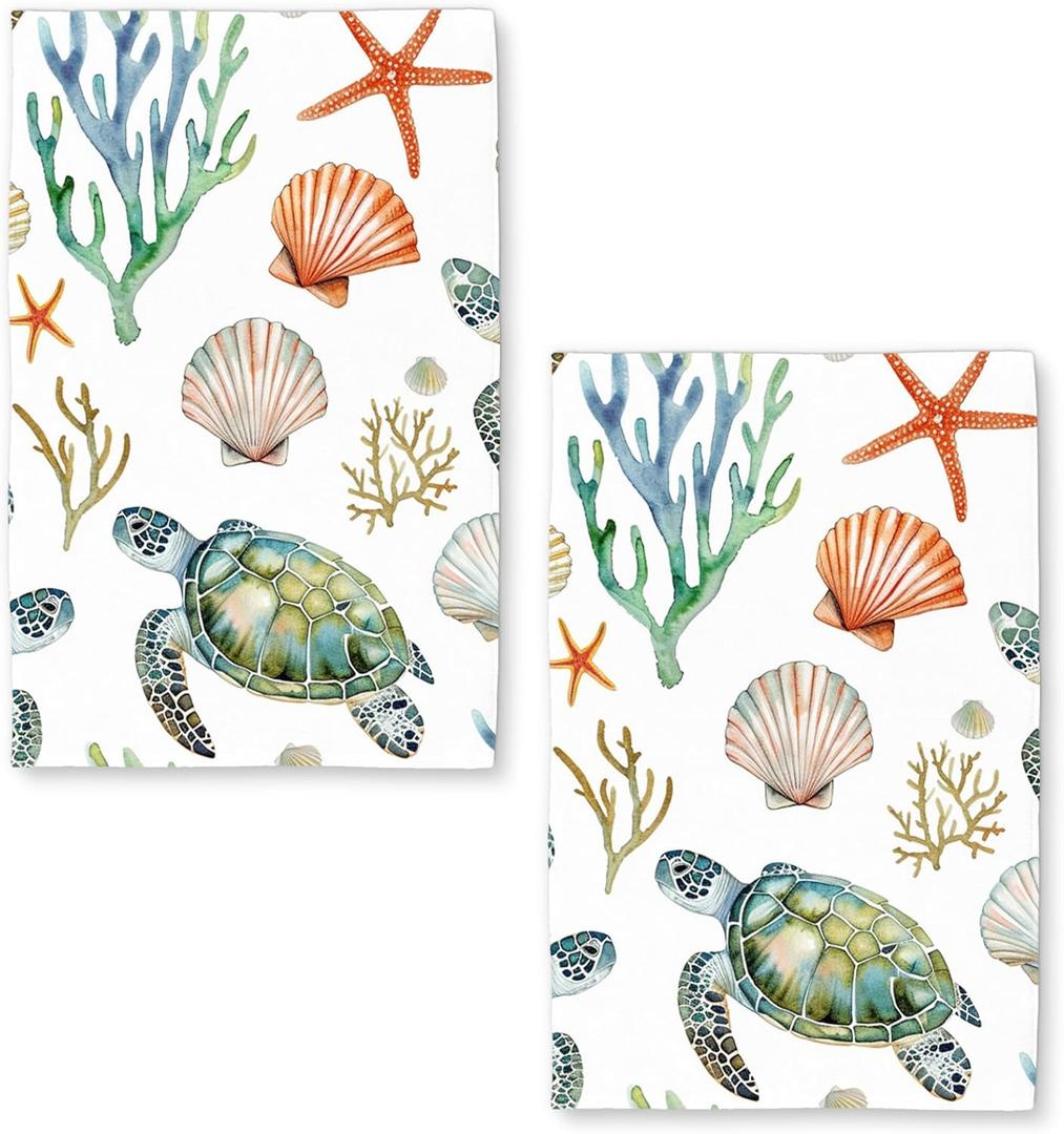 Sea Turtle Coral Nautical Kitchen Towels Set of 2 Dish Towels Kitchen Hand Towels Absorbent Quick Dry Microfiber Cloth Dish Towels Drying Towel 18" x 26",