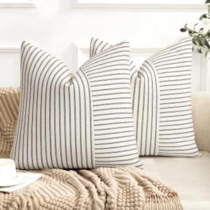 Farmhouse Pillow Covers 20x20, Modern Accent Square Throw Pillow Covers Set of 2, Black and Beige Striped Patchwork Linen Decorative Pillows Cushion Covers for Couch Chair Bedroom Fall Decorations (20" x 20" (Pack of 2))