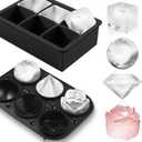 2Pack Silicone Square and Round Ice Cube Trays for Freezer - Sphere, Rose, Diamond Ice Molds for Whiskey, Cocktails & DIY, Black (Charcoal)